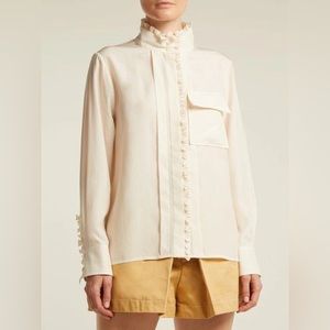 Chloé Buttercream Ruffle Trim Silk Top